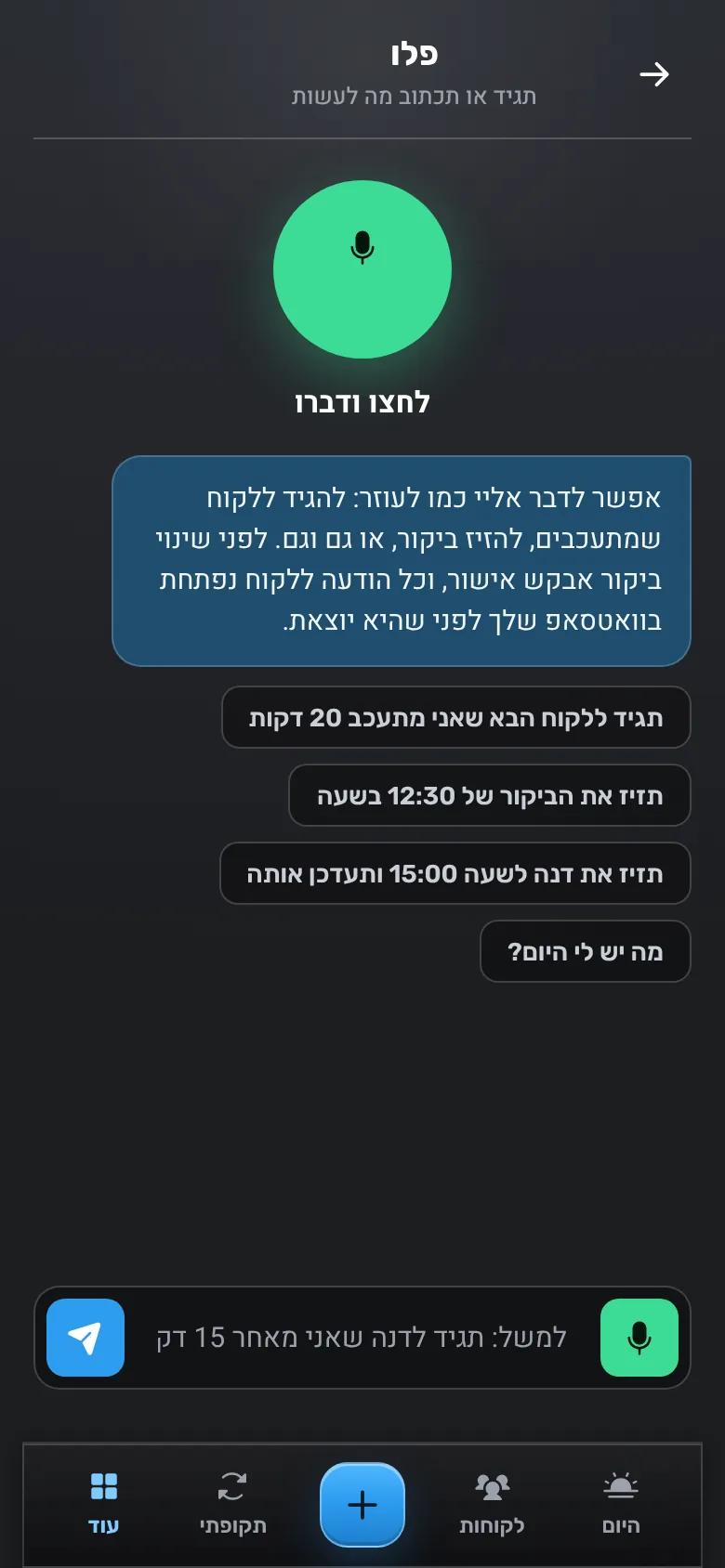 מסך העוזר: כפתור מיקרופון ירוק גדול עם הכיתוב לחצו ודברו, ודוגמאות לפקודות